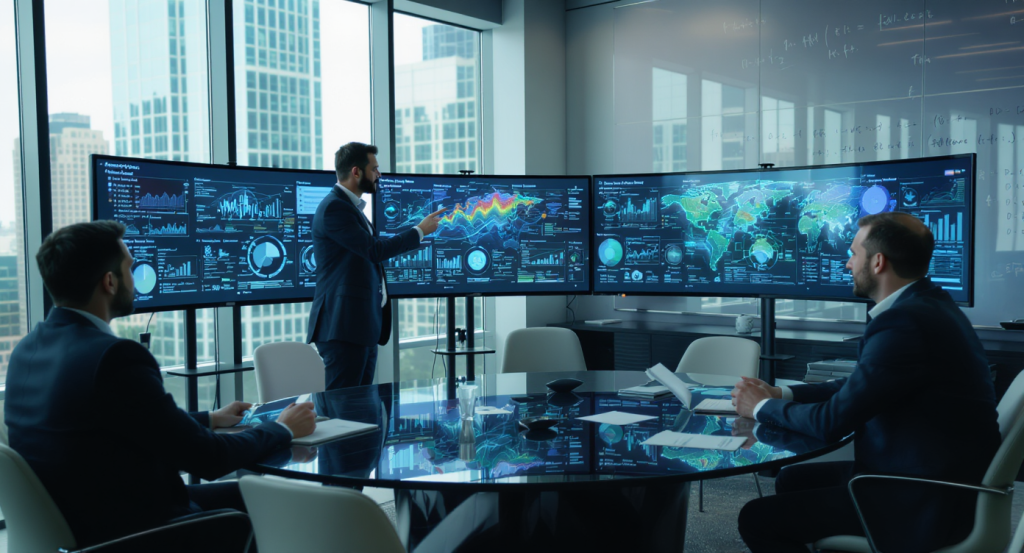 Business professionals analyzing data with SEO tools and charts