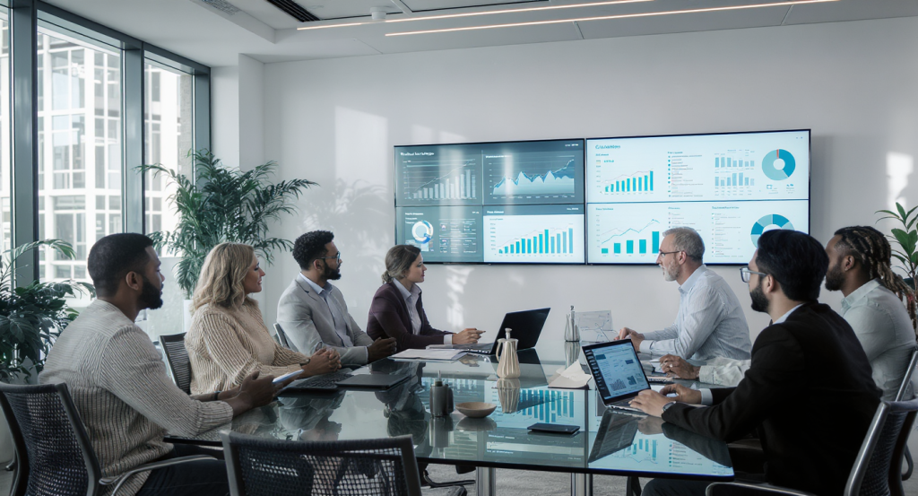 Business professionals analyzing content marketing and SEO strategies for growth