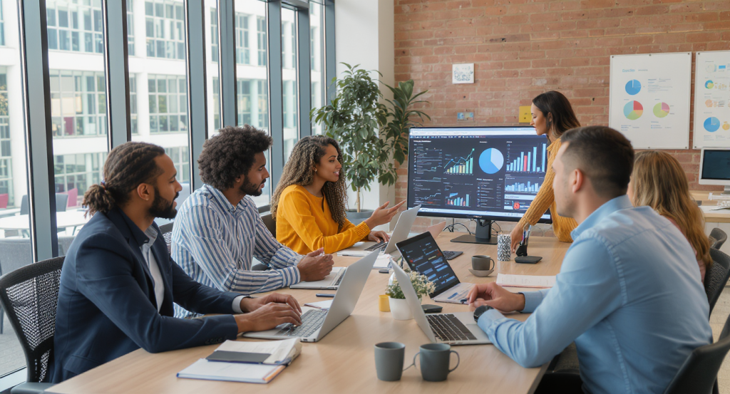 Marketing professionals analyzing SEO strategies for content success