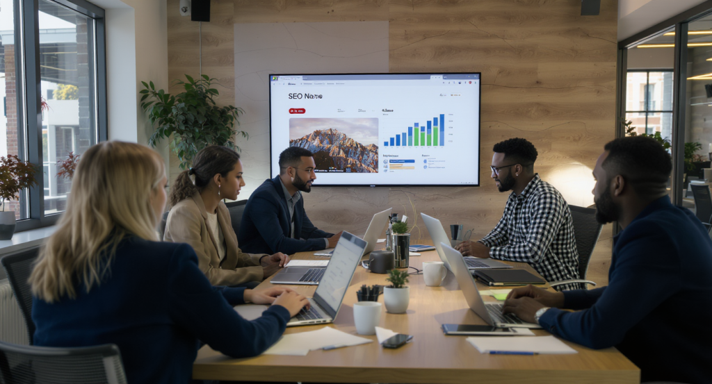 Business professionals analyzing SEO strategies for content marketing success