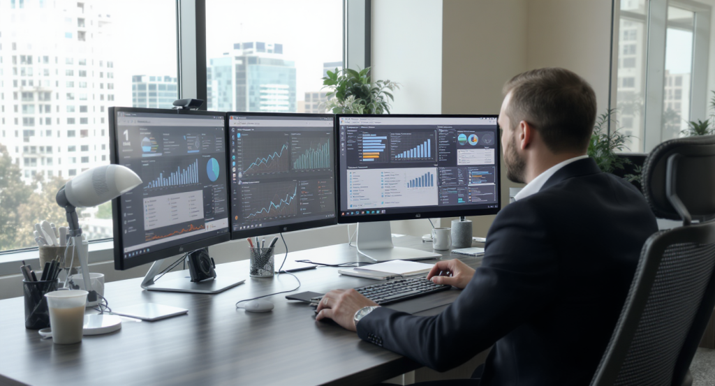 Business intelligence analyst analyzing SEO data on digital dashboard