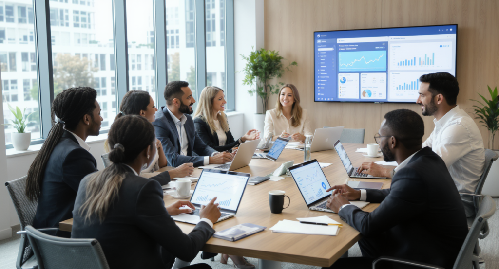 SEO title strategy concept with business professionals analyzing data