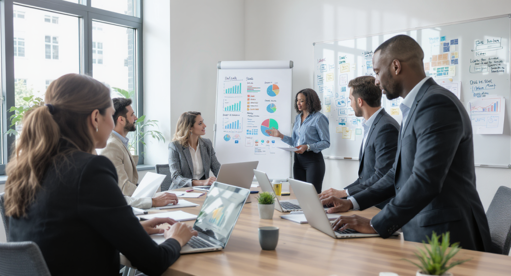 SEO strategy analysis with charts and business professionals collaborating