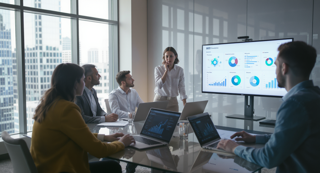 Business professionals analyzing SEO strategies for digital dominance