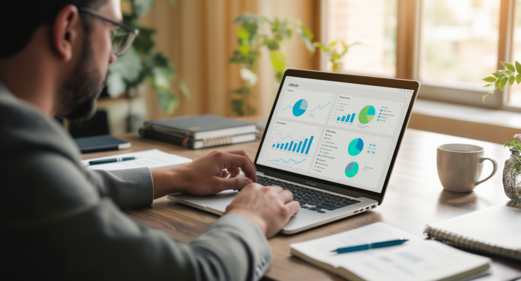 SEO content creation strategies illustrated with charts and analytics tools